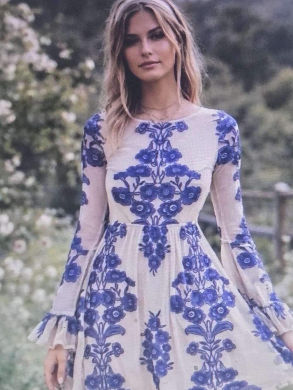 For Love & Lemons Temecula Embroidered  Floral Babydoll Dress Sand Blue XS